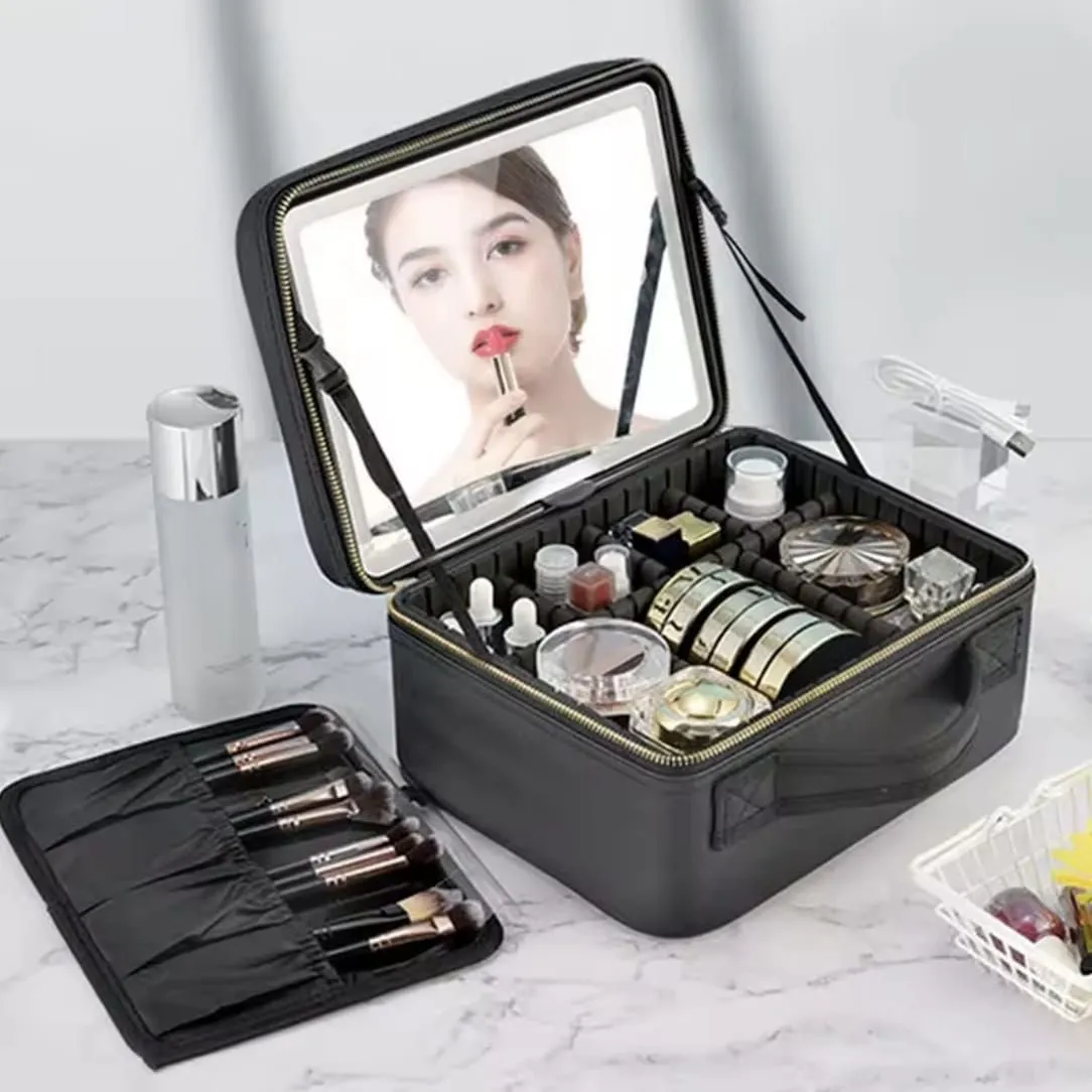 Maleta Organizador De Maquillaje con Espejo Recargable Y Luz Led