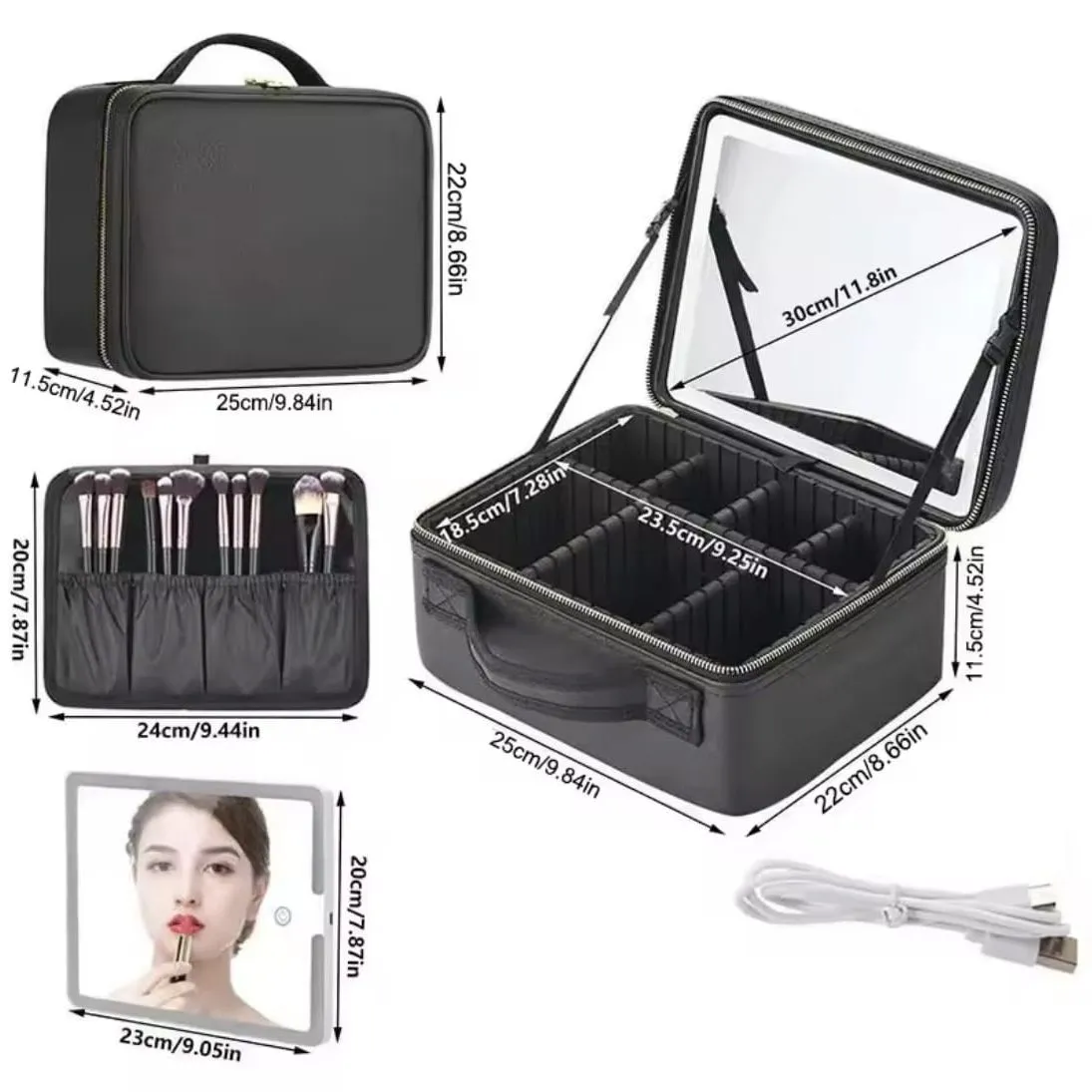 Maleta Organizador De Maquillaje con Espejo Recargable Y Luz Led — Accesorios y brochas para productos cosméticos