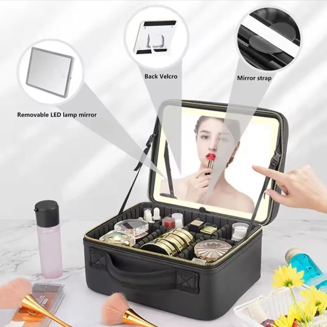 Maleta Organizador De Maquillaje con Espejo Recargable Y Luz Led