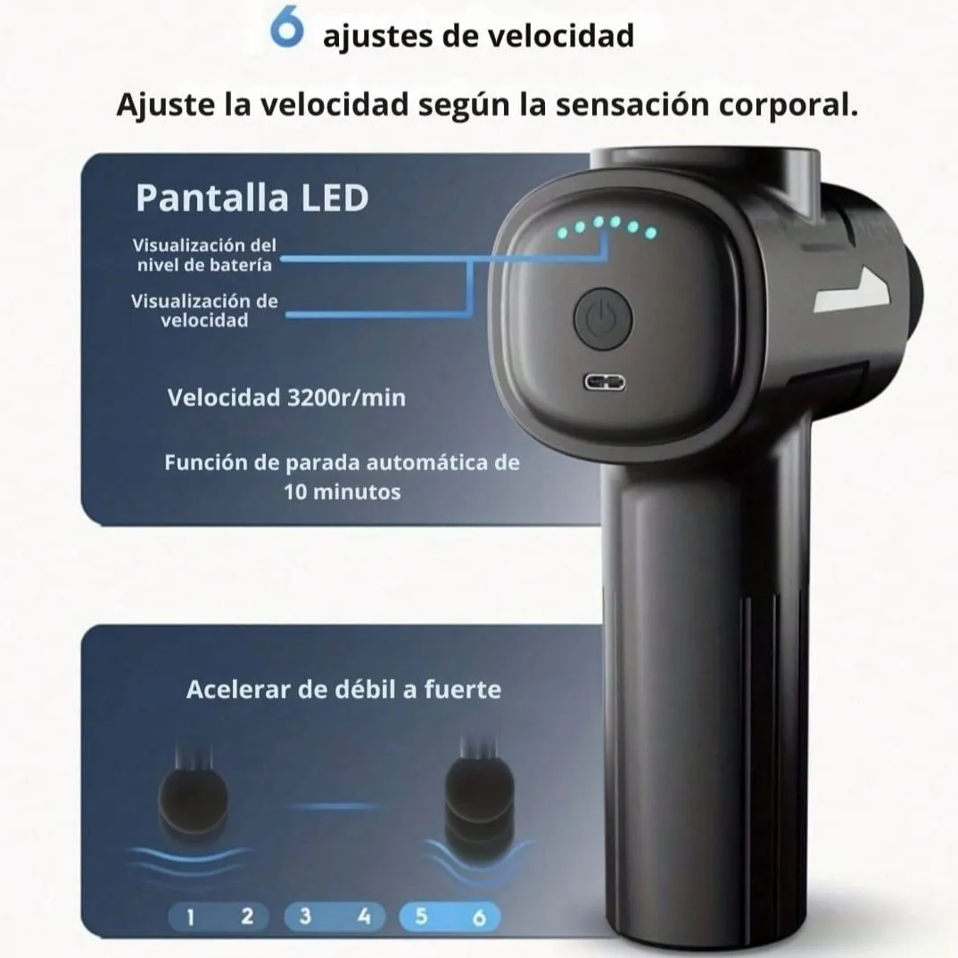 Pistola De Masaje 8 Cabezas Alivio De Dolor Y Recuper Negro