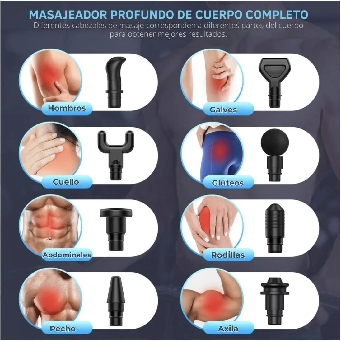 Pistola De Masaje 8 Cabezas Alivio De Dolor Y Recuper Negro