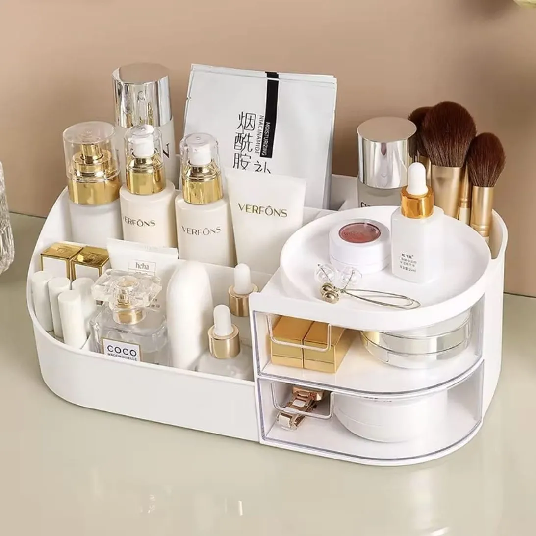 Multifuncional Organizador Cosmético Con Espejo Y Cajón Color Blanco