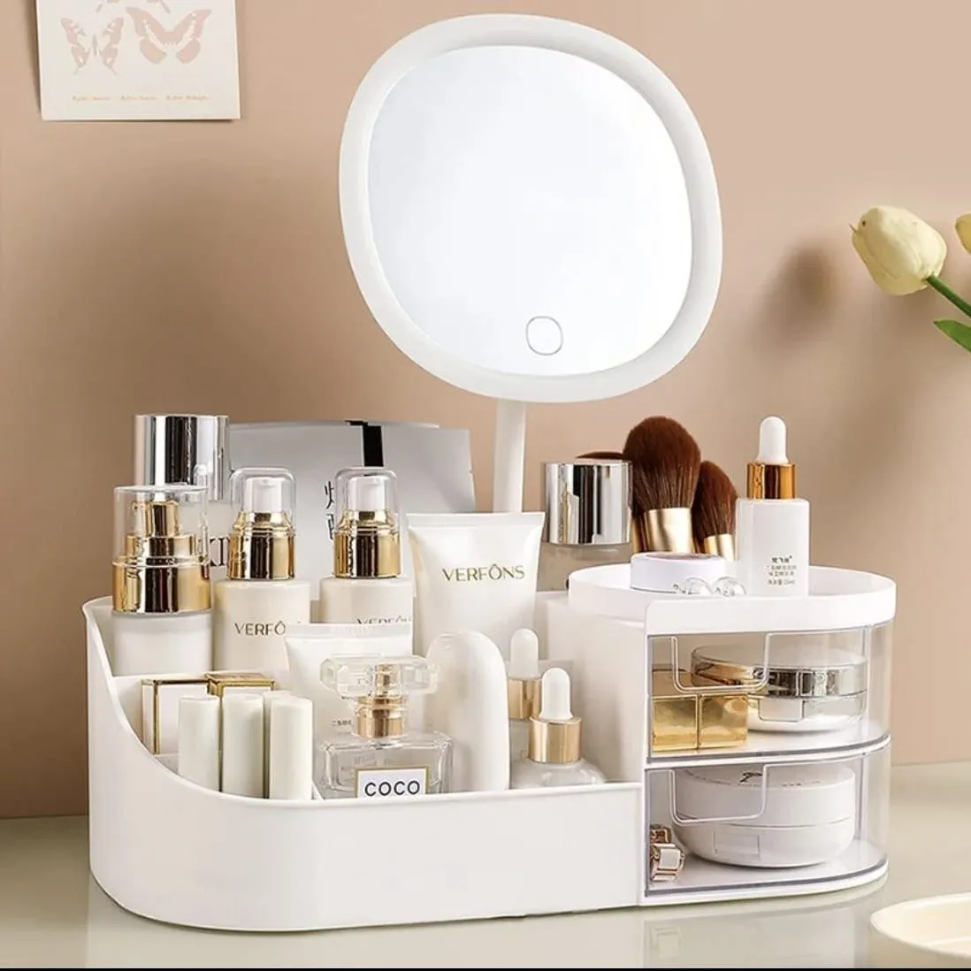 Multifuncional Organizador Cosmético Con Espejo Y Cajón Color Blanco