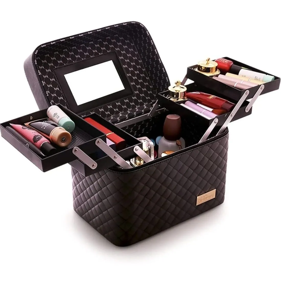 Neceser Organizador de Maquillaje y Joyas de Lujo con Espejo — Accesorios y brochas para productos cosméticos