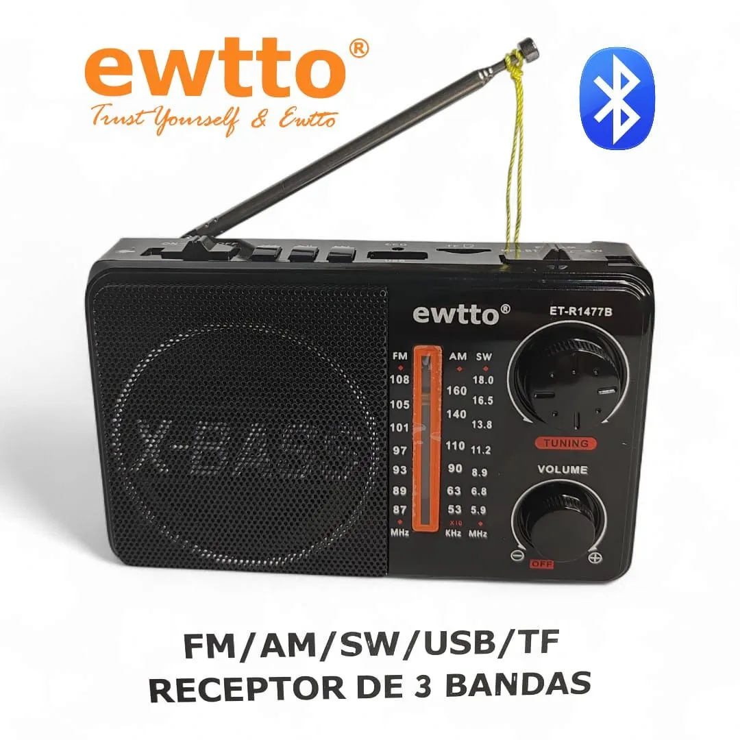 Radio Portátil Recargable Ewtto ET-R1477B FM/AM/SW Bluetooth, USB