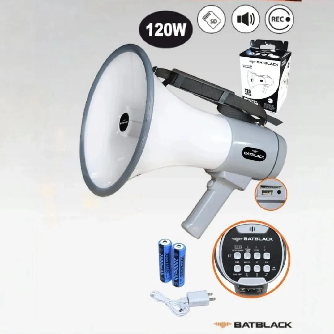 Megáfono Recargable 120W con Sirena Bluetooth y USB BT-MF98 BATBLACK — Megáfonos