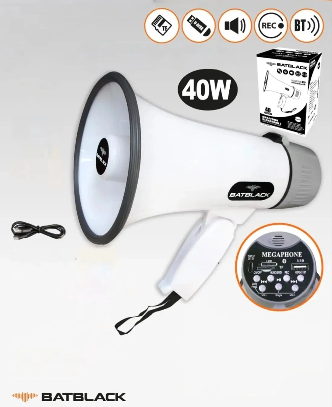 Megáfono Recargable 40W con Sirena Bluetooth y USB BT-MF32 BATBLACK — Megáfonos