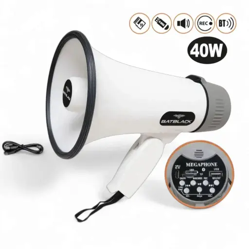 Megáfono Recargable 40W con Sirena Bluetooth y USB BT-MF32 BATBLACK — Megáfonos