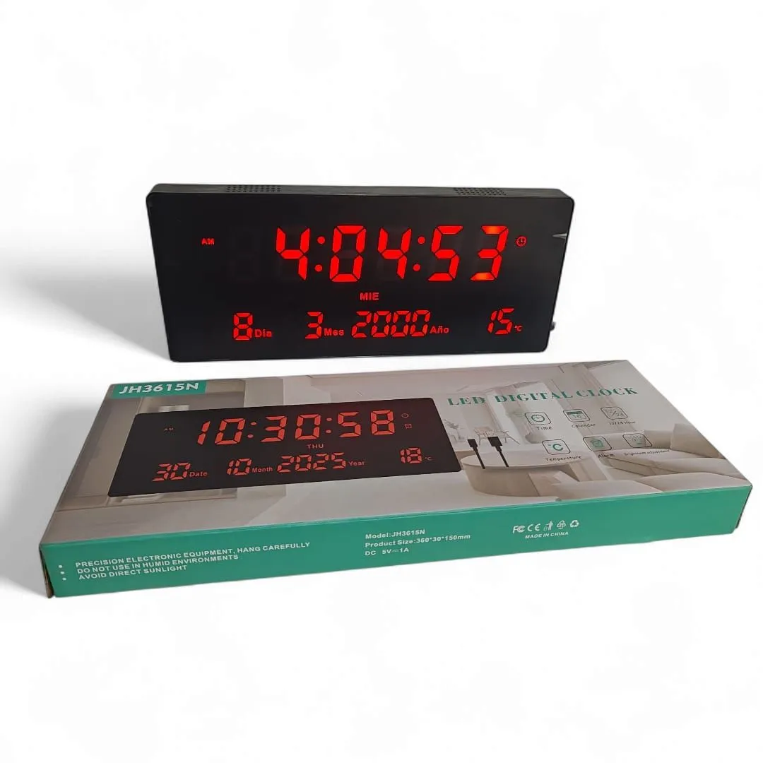 Reloj Digital De Pared Alarma Calendario y Temperatura 36x16cm