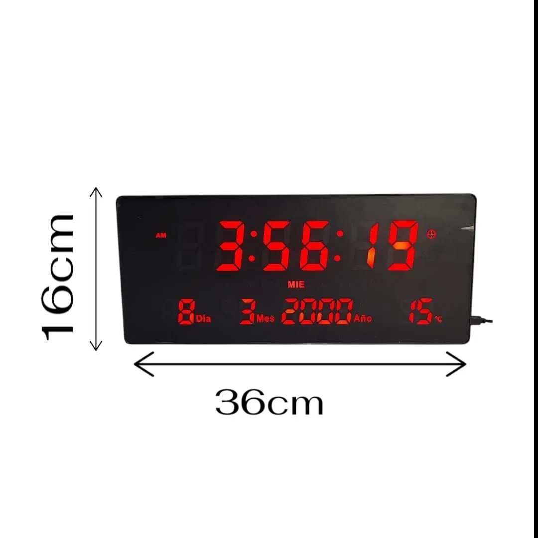 Reloj Digital De Pared Alarma Calendario y Temperatura 36x16cm