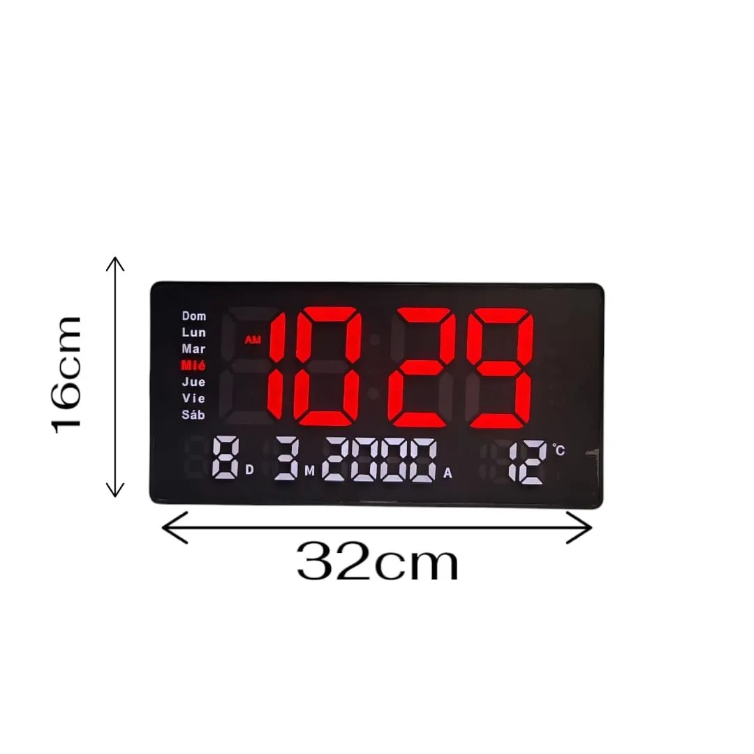Reloj digital de pared con fecha hora temperatura 32x16cm