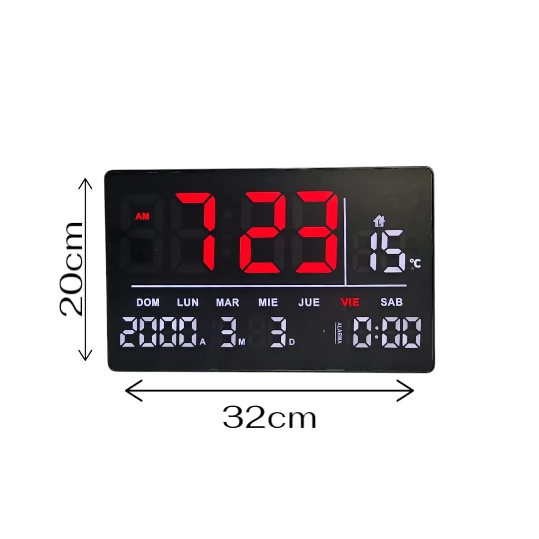 Reloj Digital De Pared Alarma Calendario y Temperatura 32x20cm