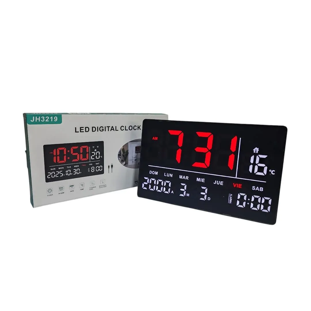 Reloj Digital De Pared Alarma Calendario y Temperatura 32x20cm
