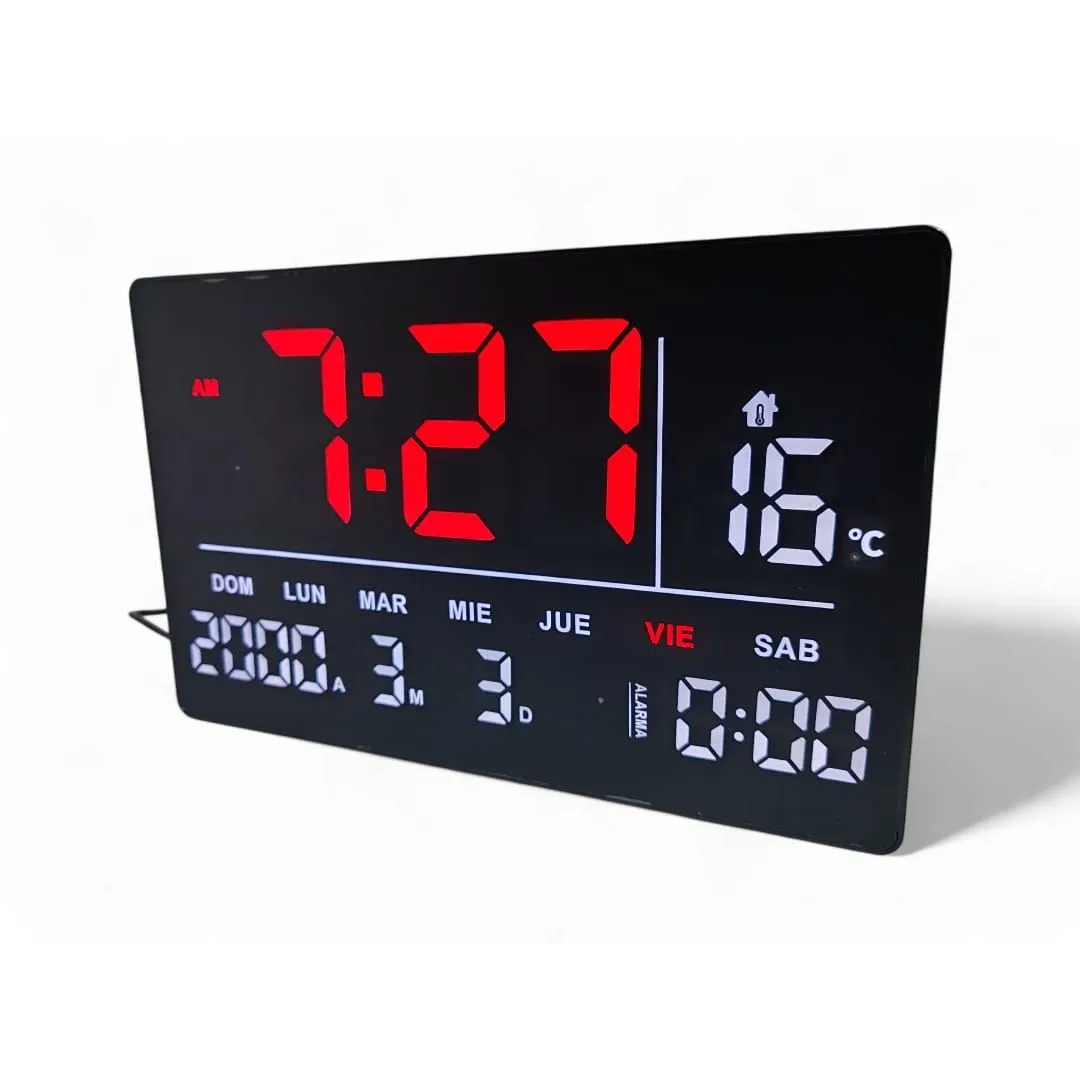Reloj Digital De Pared Alarma Calendario y Temperatura 32x20cm — Relojes