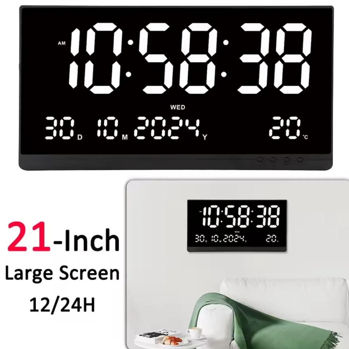 Reloj Digital LED Grande Hora Fecha y Temperatura 48x26cm — Relojes
