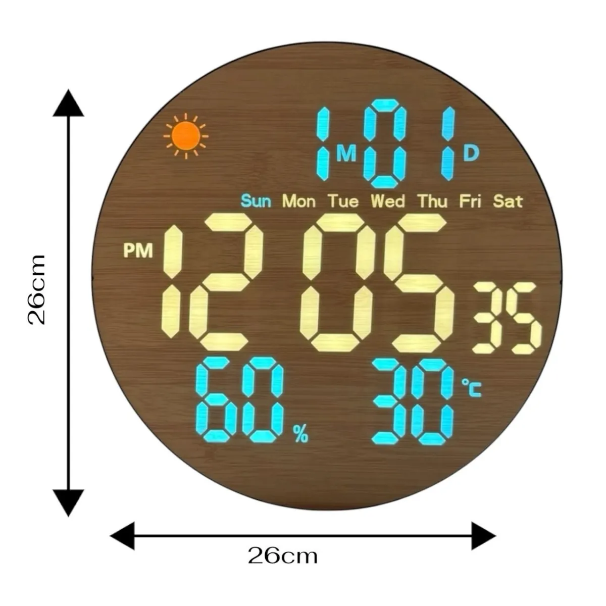 Reloj de Pared Redondo - Color Madera y LED Azul - Temperatura - Fecha
