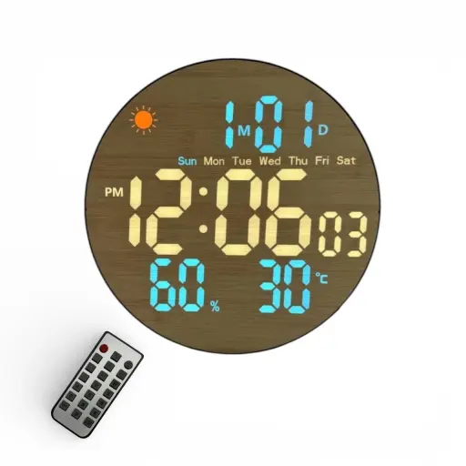 Reloj de Pared Redondo - Color Madera y LED Azul - Temperatura - Fecha — Relojes