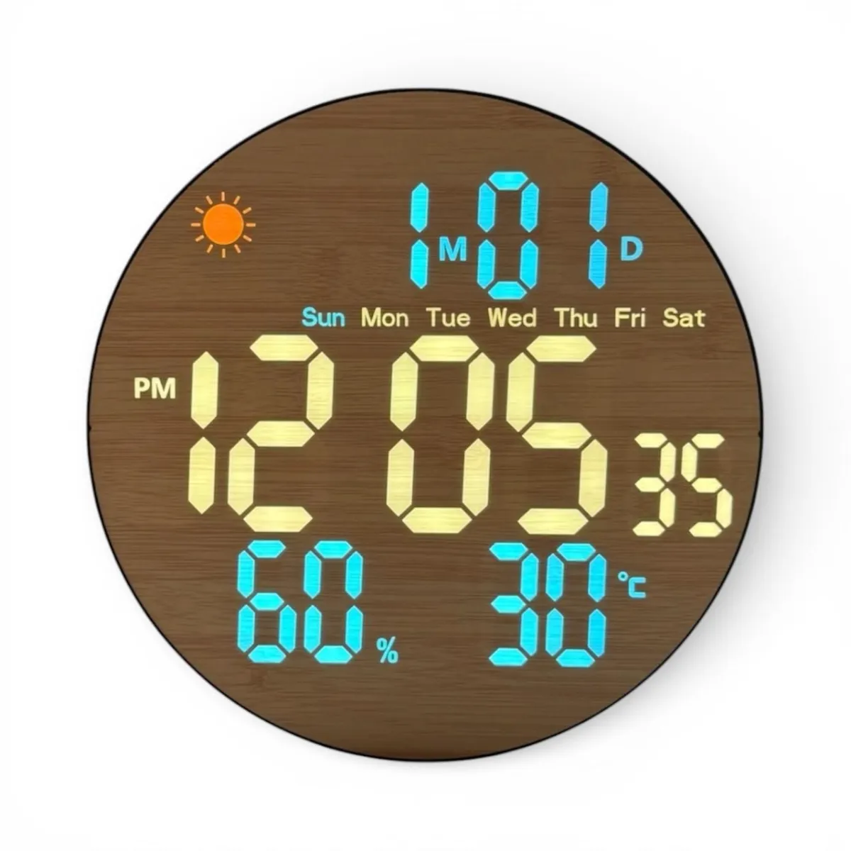 Reloj de Pared Redondo - Color Madera y LED Azul - Temperatura - Fecha — Relojes