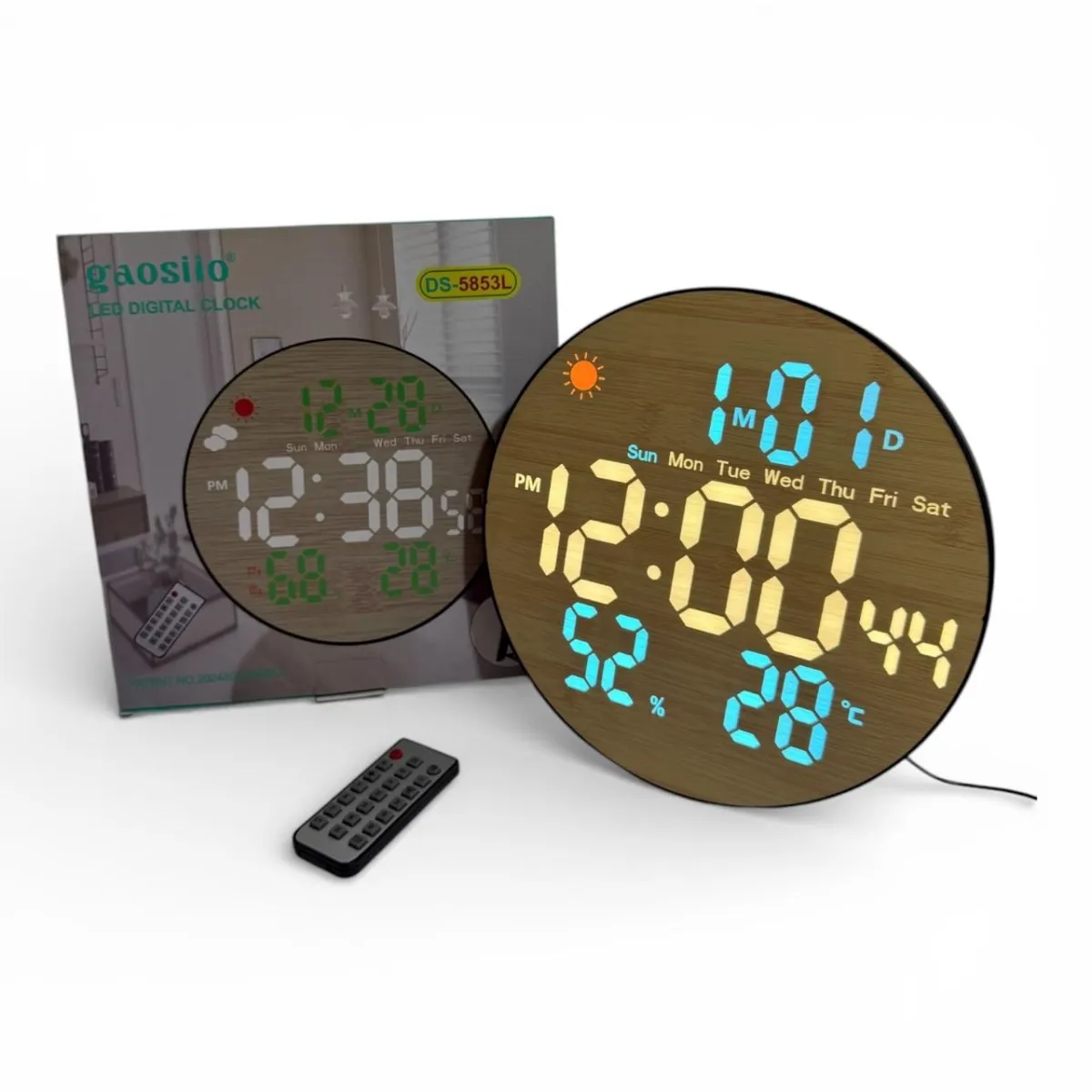 Reloj de Pared Redondo - Color Madera y LED Azul - Temperatura - Fecha