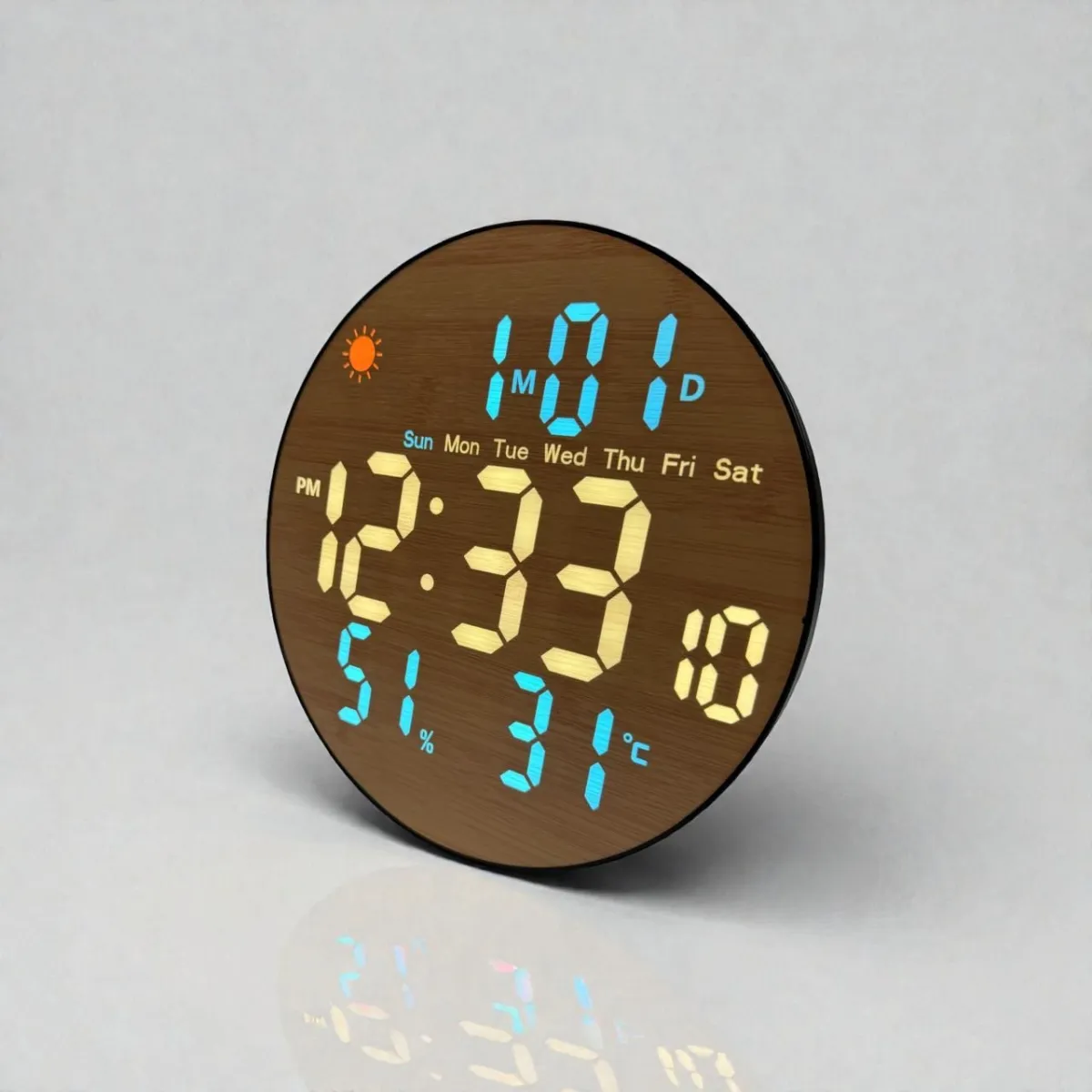 Reloj de Pared Redondo - Color Madera y LED Azul - Temperatura - Fecha