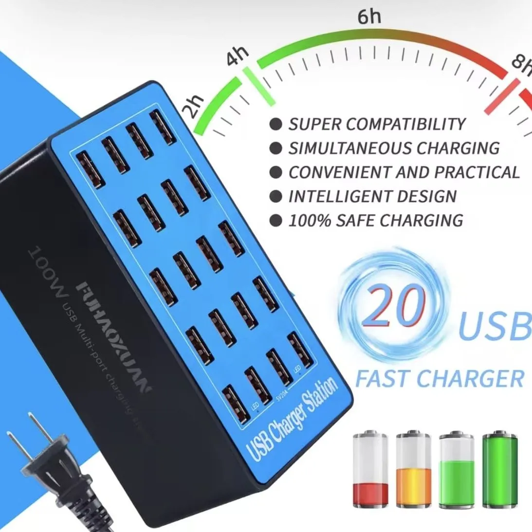 Hub Cargador Múltiple de Alta Potencia de 20 Puertos 100W para Celulares y Tablets