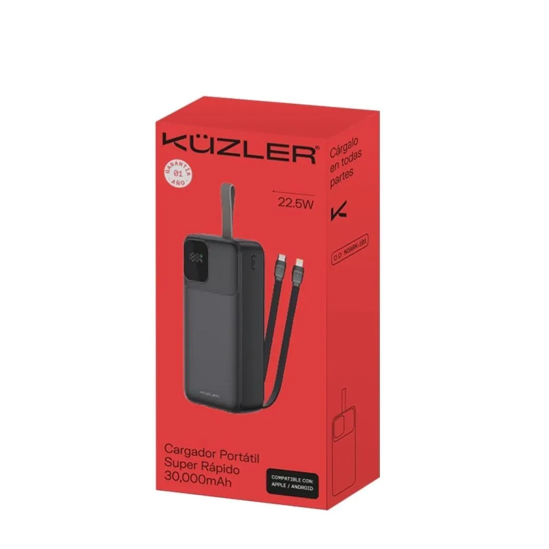 Power Bank 30000mAh Kuzler Cargador Portátil Súper Rápido 22W con Cables Integrados