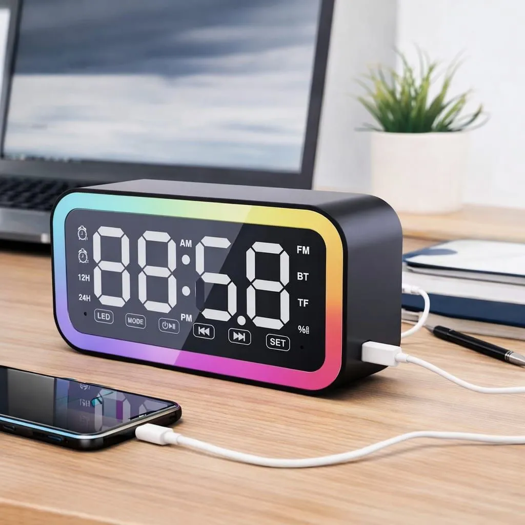 Reloj Despertador LED RGB con Bluetooth, Radio FM y Entrada TF Parlante Digital