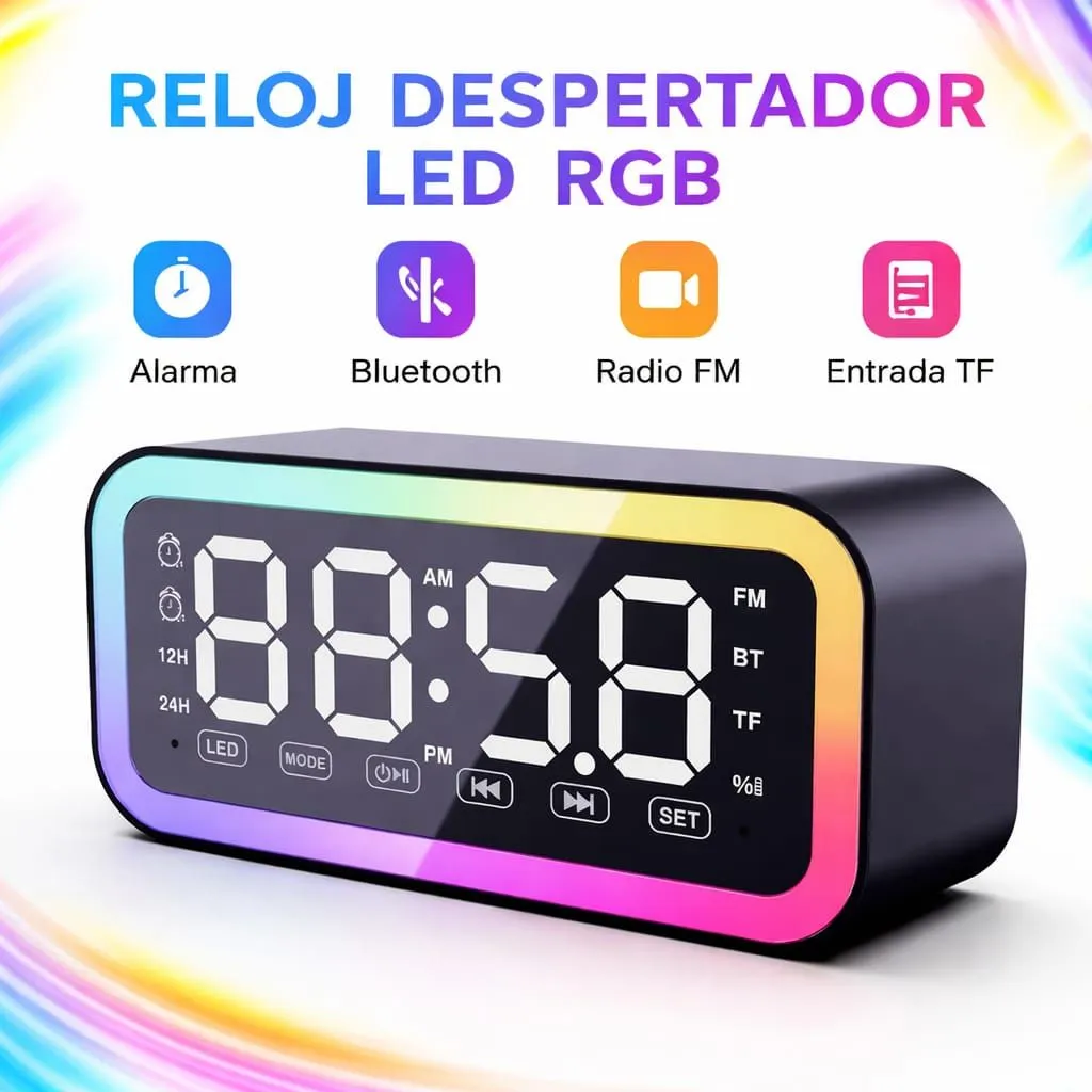 Reloj Despertador LED RGB con Bluetooth, Radio FM y Entrada TF Parlante Digital — Relojes