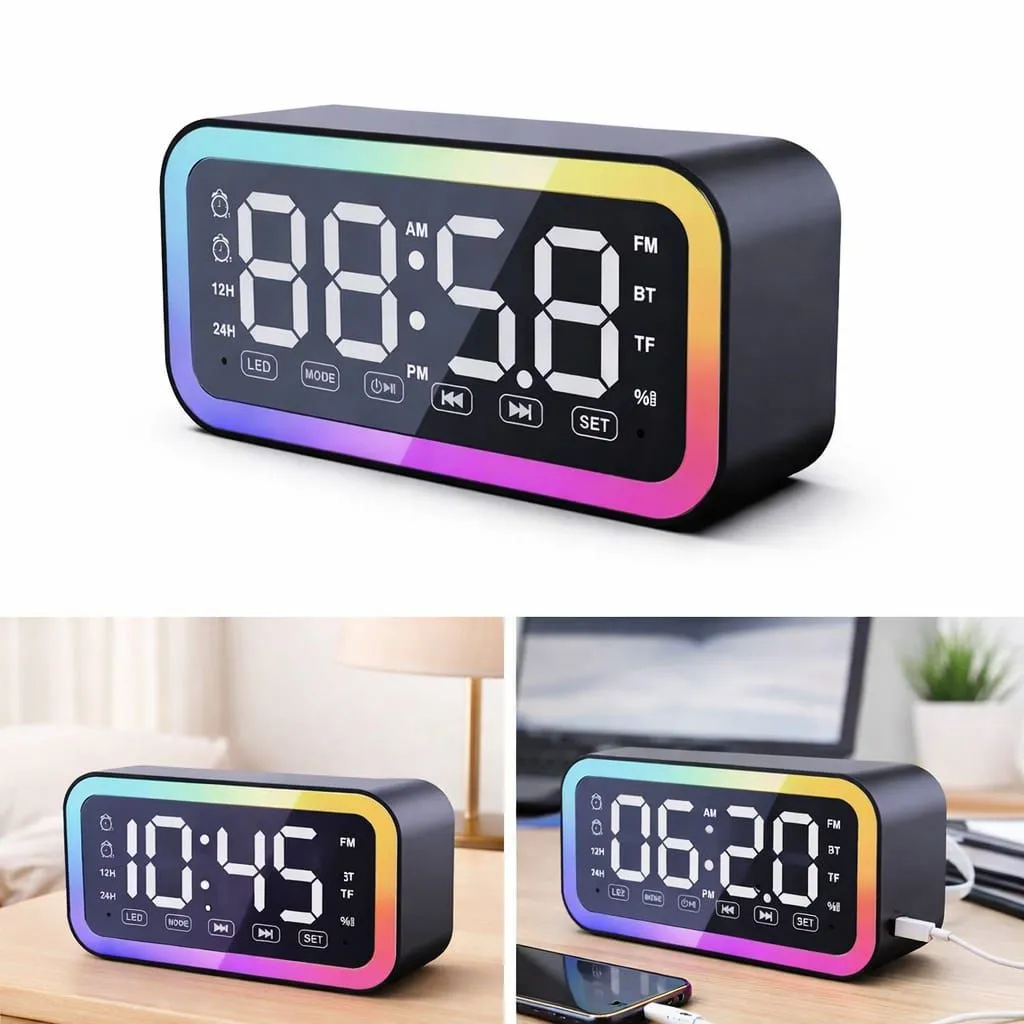 Reloj Despertador LED RGB con Bluetooth, Radio FM y Entrada TF Parlante Digital