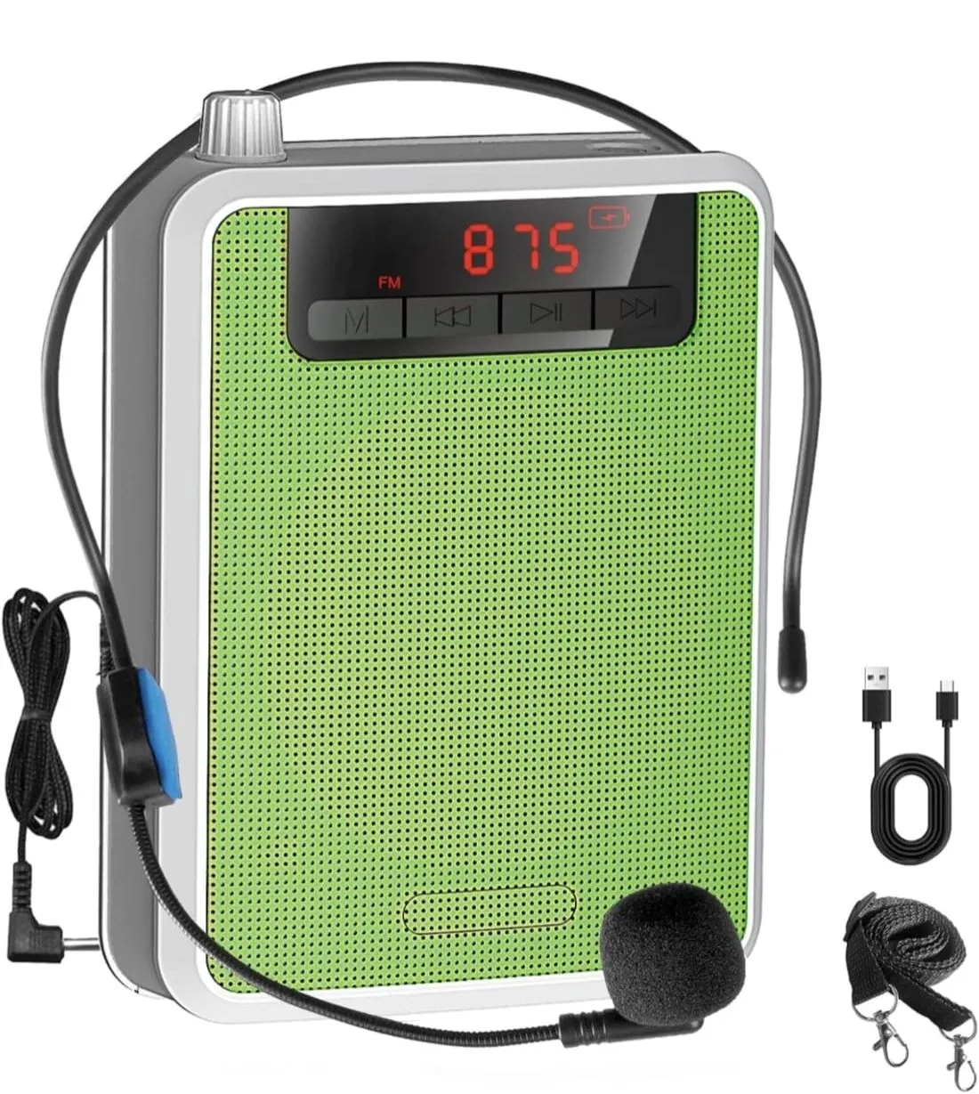 Amplificador de Voz Portátil Recargable con Micrófono Vincha Radio FM y Alta Potencia — Micrófonos