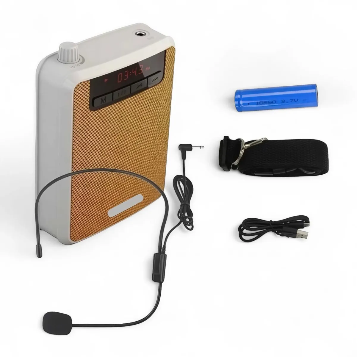 Amplificador de Voz Portátil Recargable con Micrófono Vincha Radio FM y Alta Potencia — Micrófonos