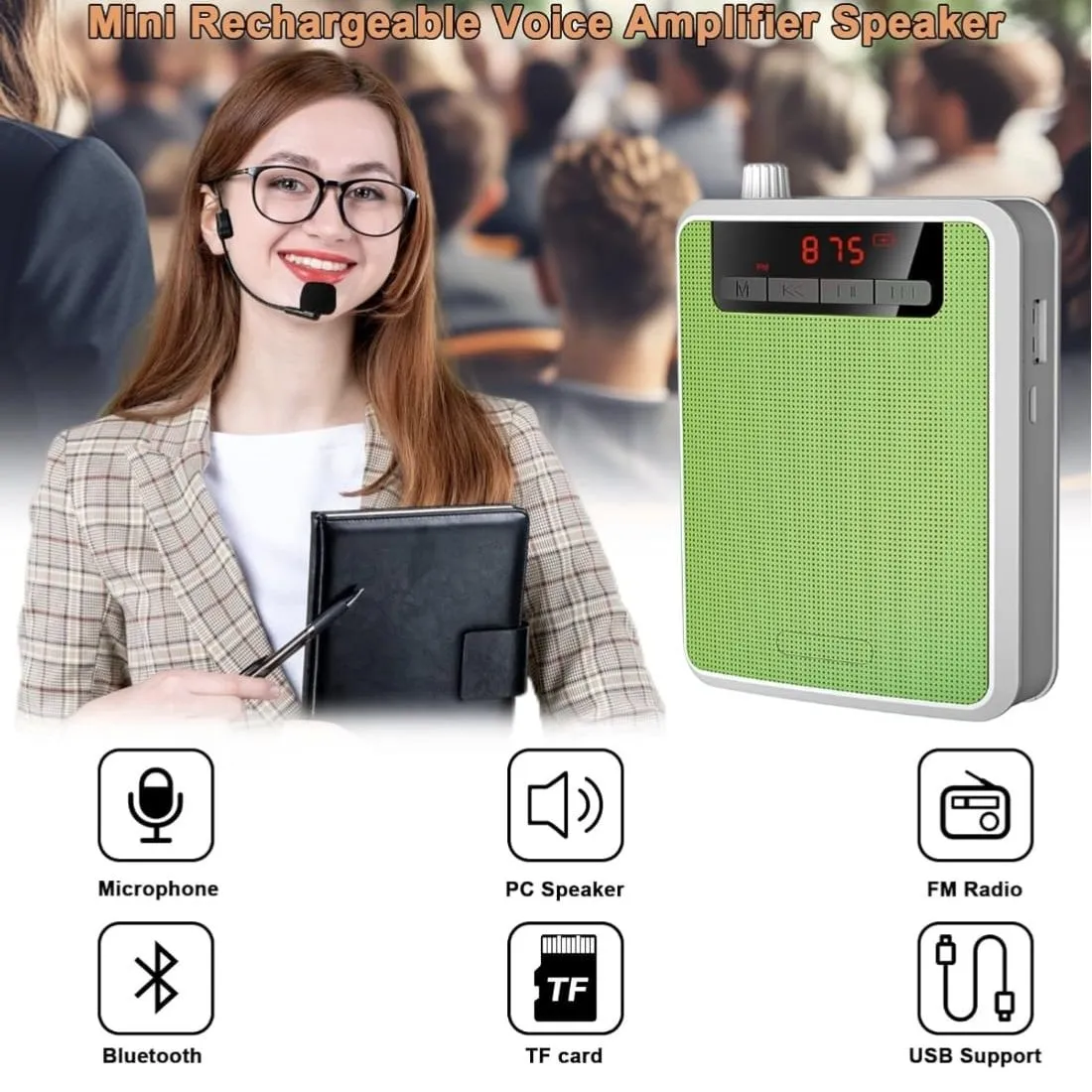 Amplificador de Voz Portátil Recargable con Micrófono Vincha Radio FM y Alta Potencia
