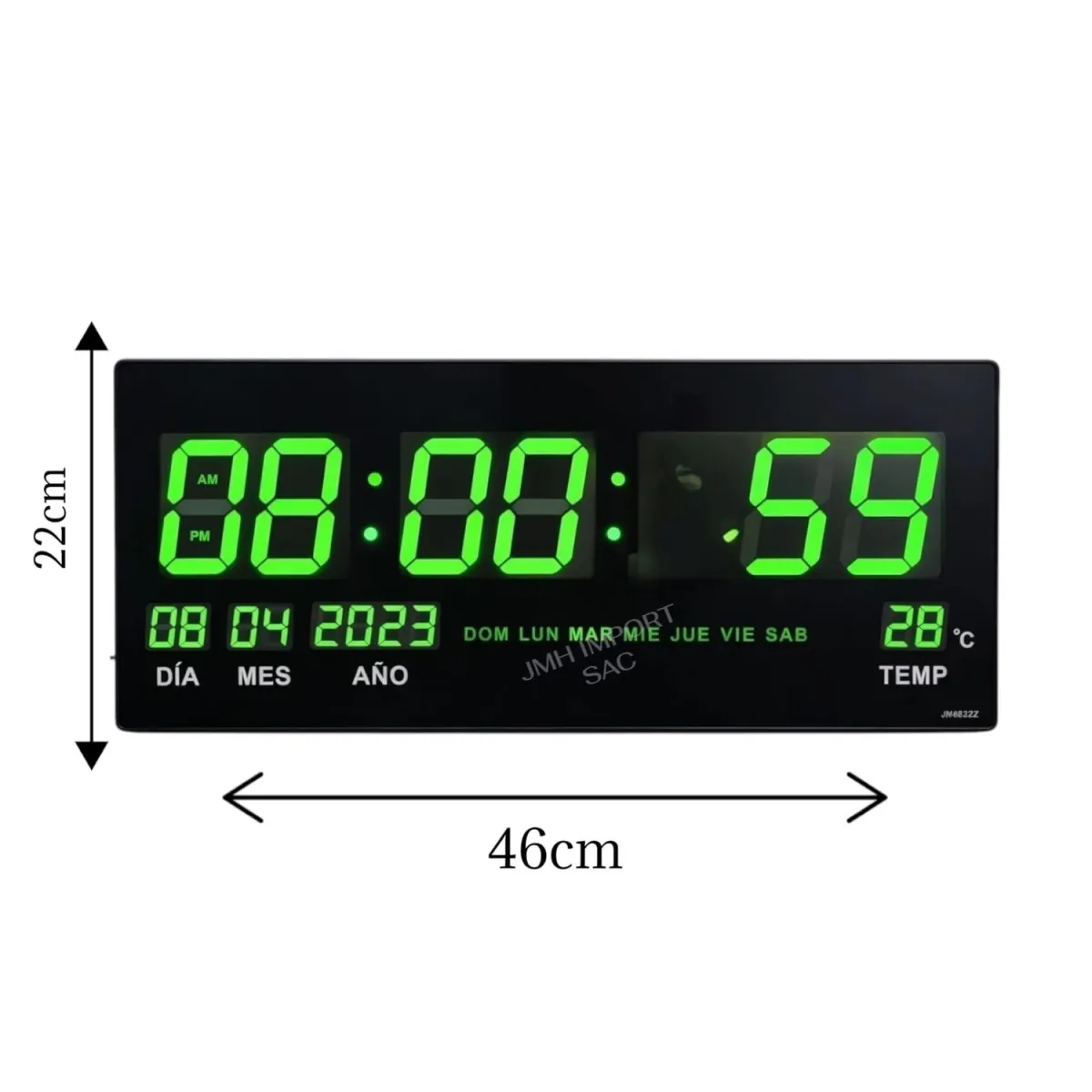 Reloj Digital Grande LED Verde 46x22cm - Hora, Fecha y Temperatura