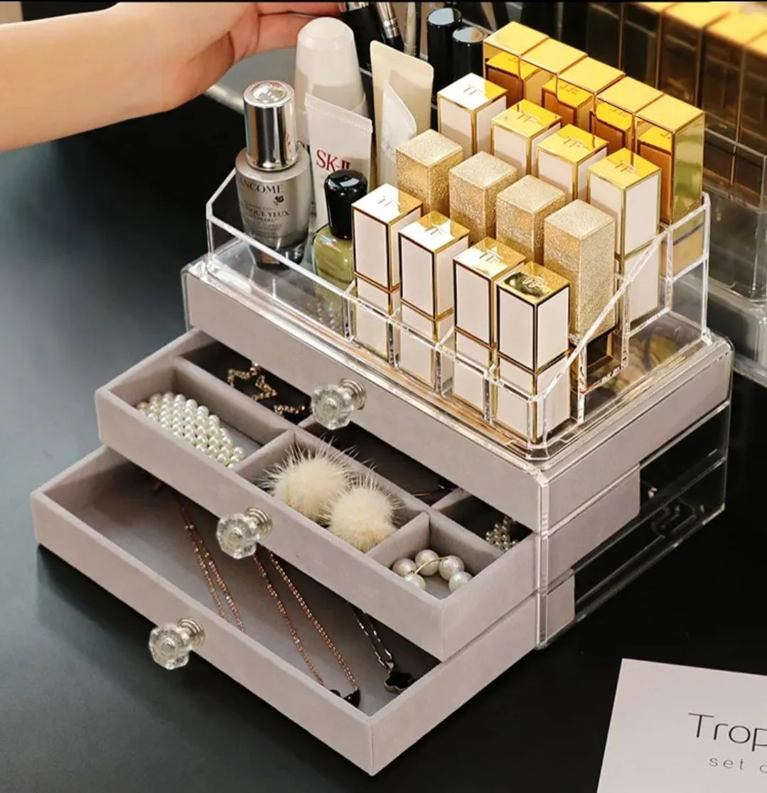 Organizador de Maquillaje y Joyas Acrílico con 3 Cajones y Compartimentos Multifuncionales