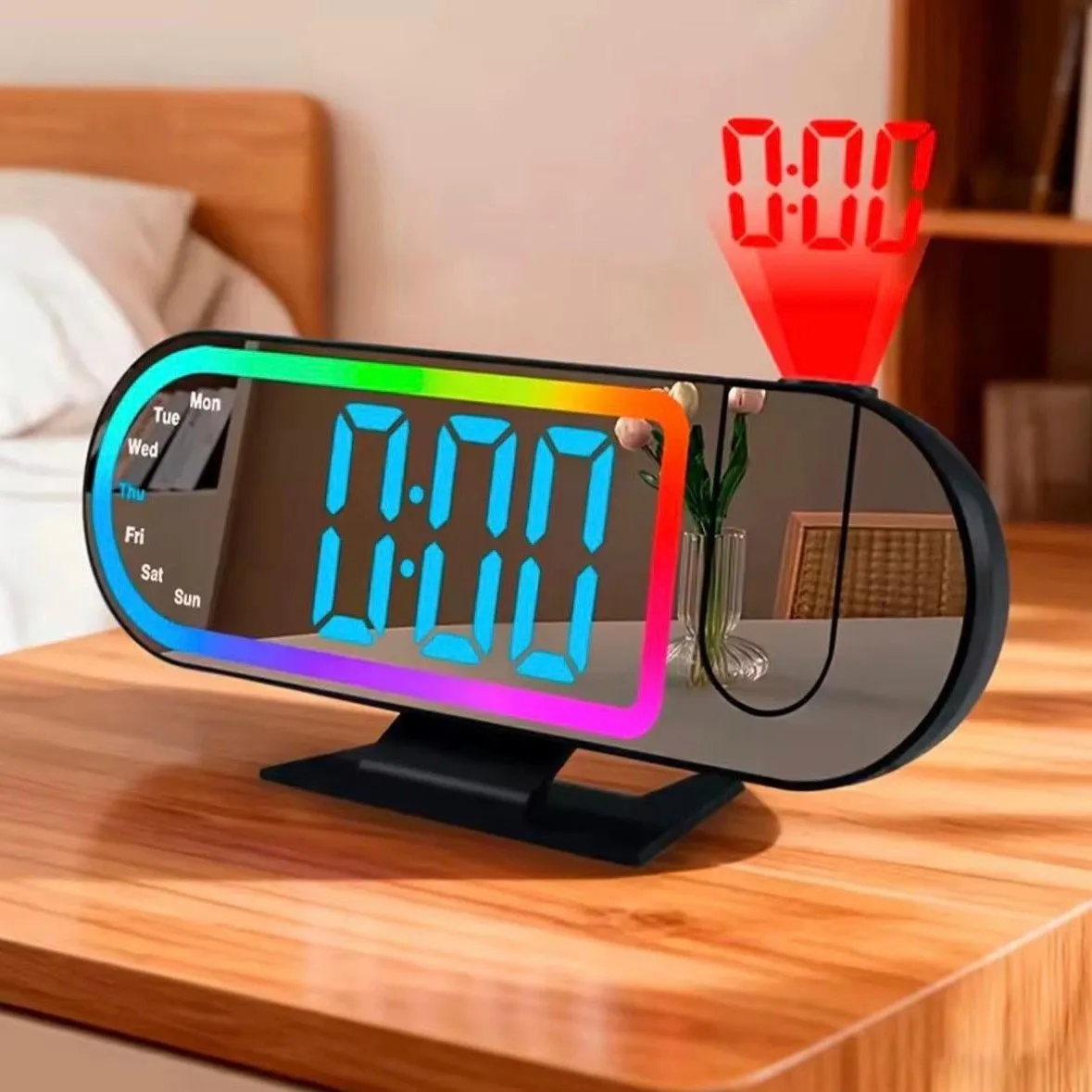 Reloj Despertador Digital LED con Proyector 180°, Luz RGB y Alarma Multifunción23cm x 10cm