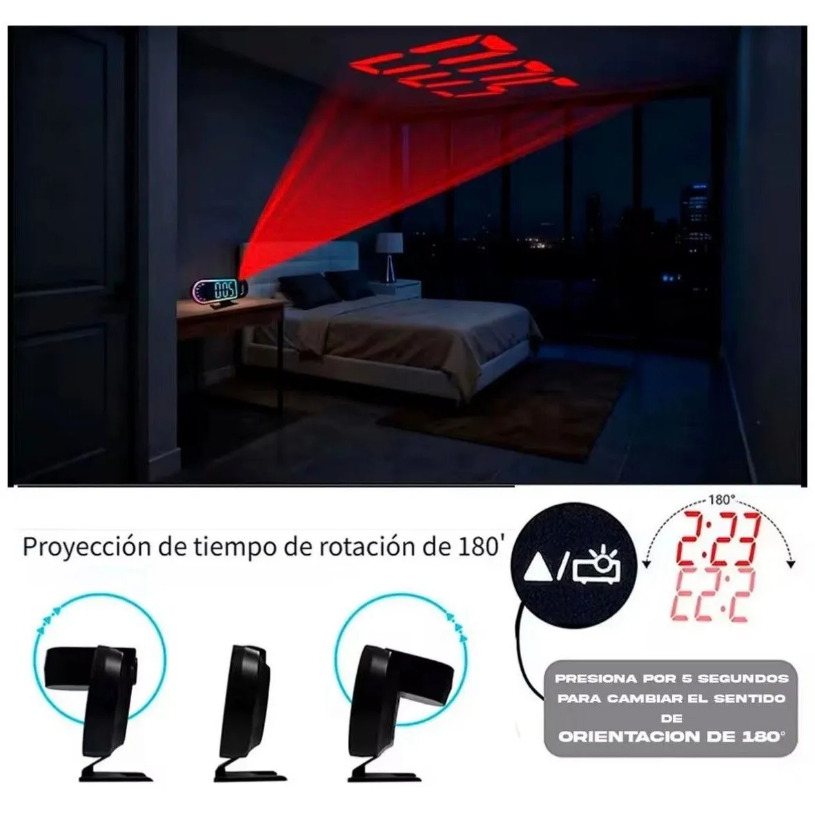 Reloj Despertador Digital LED con Proyector 180°, Luz RGB y Alarma Multifunción23cm x 10cm — Relojes