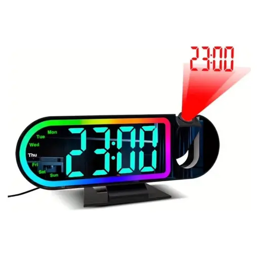 Reloj Despertador Digital LED con Proyector 180°, Luz RGB y Alarma Multifunción23cm x 10cm — Relojes
