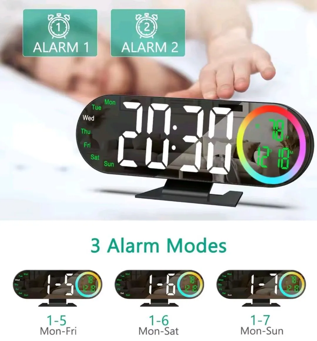 Reloj Digital LED RGB Multifunción con Temperatura, Calendario, Alarma y Pantalla de Colores — Relojes