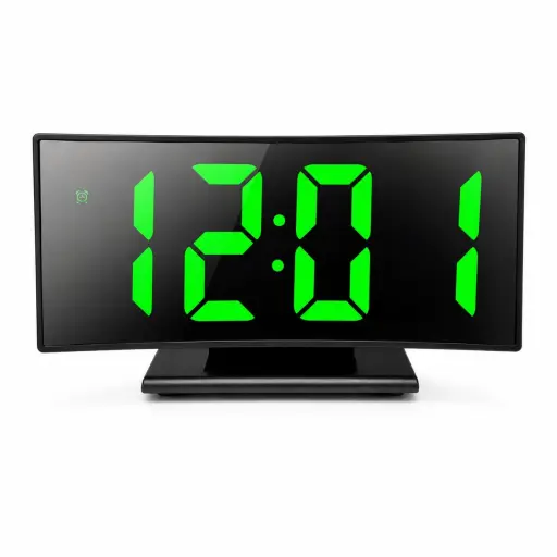 Reloj Digital LED Curvo de Mesa con Alarma, Pantalla Grande y Control de Brillo — Relojes