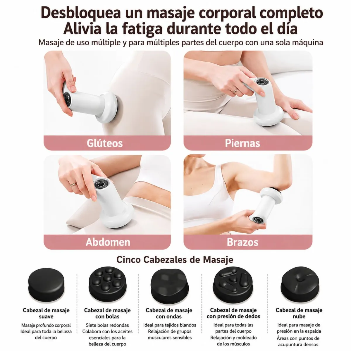 Pistola Masajeadora Recargable 6 Velocidades y 5 Cabezales