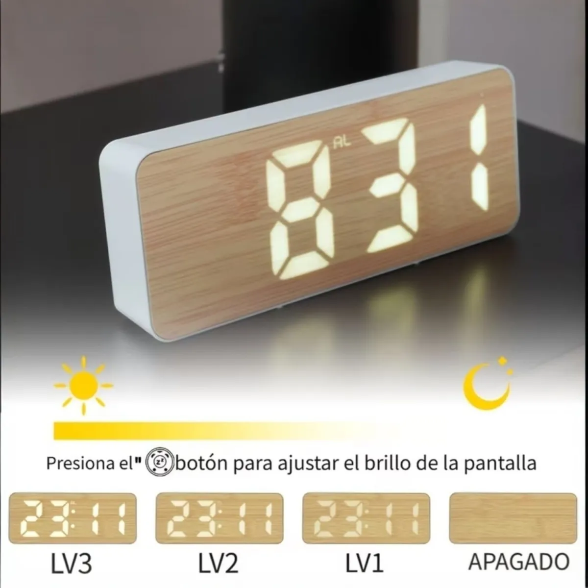 Reloj Digital LED de Mesa Efecto Madera con Alarma