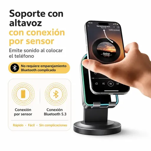 Soporte para Celular con Parlante Bluetooth 5.3 y Conexión por Sensor – Base Antideslizante — Soportes de teléfono