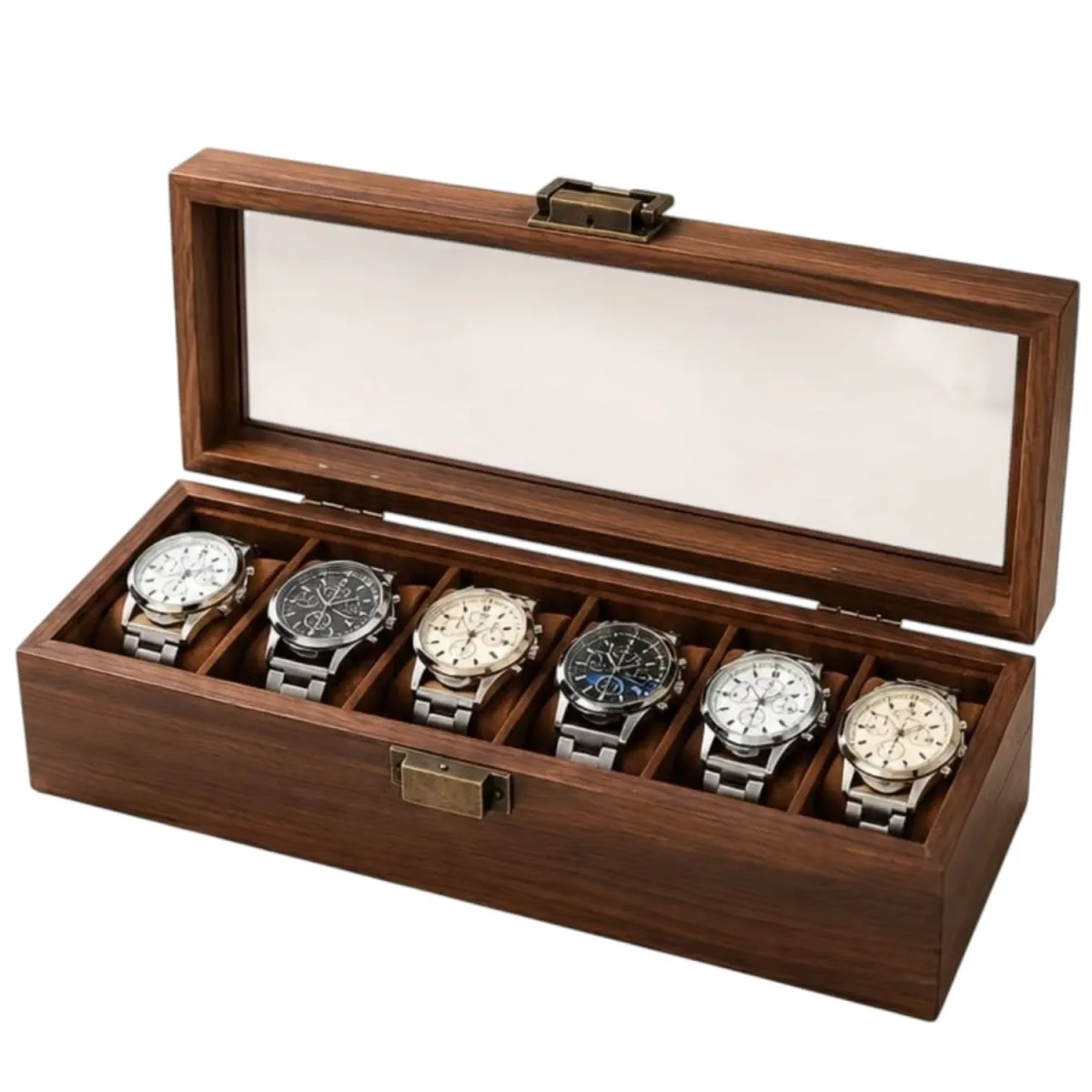 Caja Organizadora para 6 Relojes de Madera con Tapa de Vidrio
