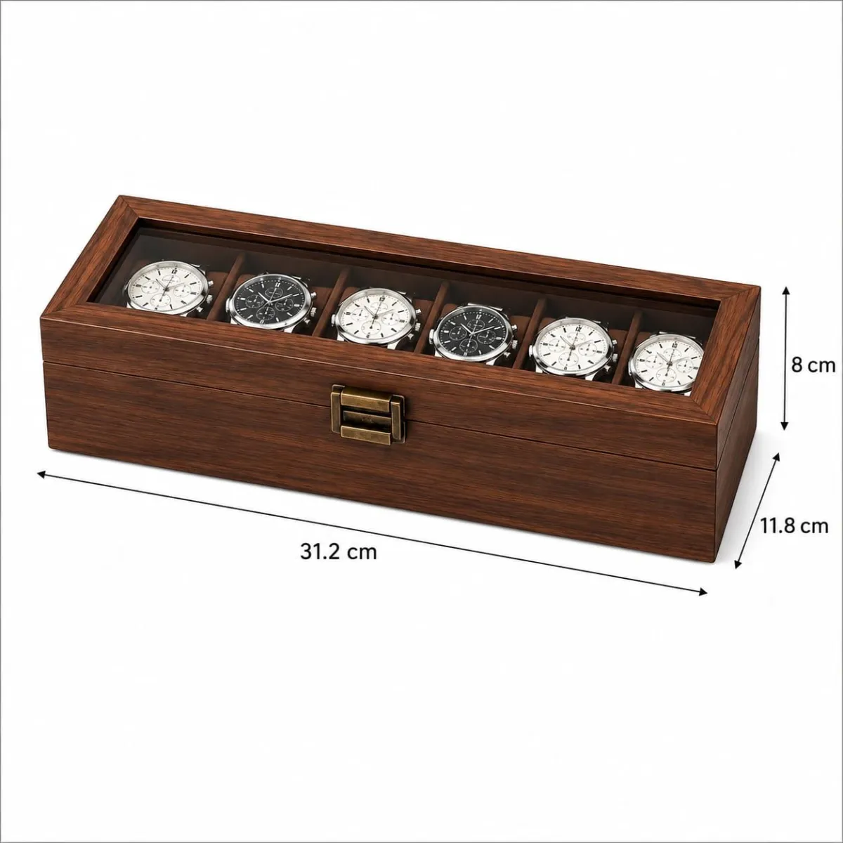 Caja Organizadora para 6 Relojes de Madera con Tapa de Vidrio — Accesorios para relojes