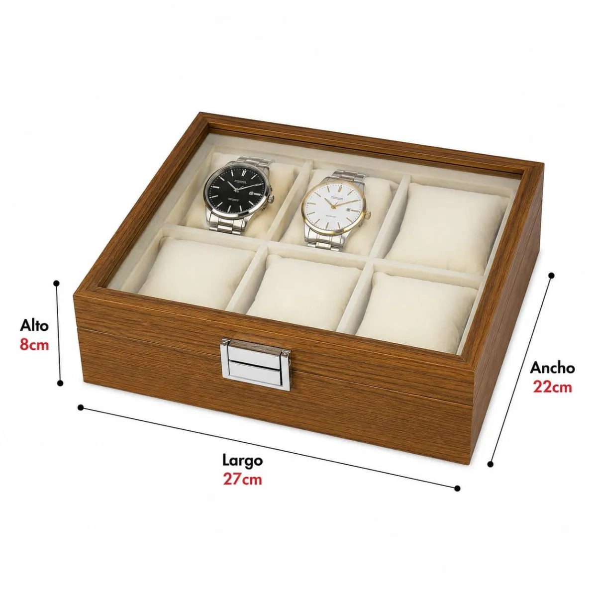 Caja Organizadora para 6 Relojes con Tapa de Vidrio , Estuche Exhibidor Premium de Madera