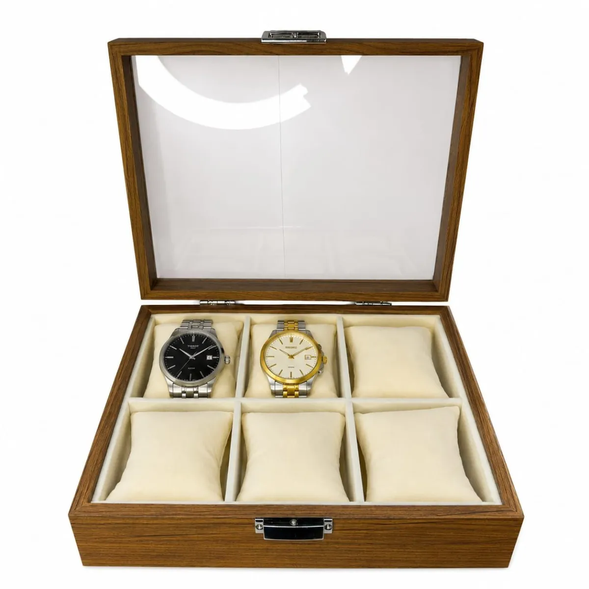 Caja Organizadora para 6 Relojes con Tapa de Vidrio , Estuche Exhibidor Premium de Madera