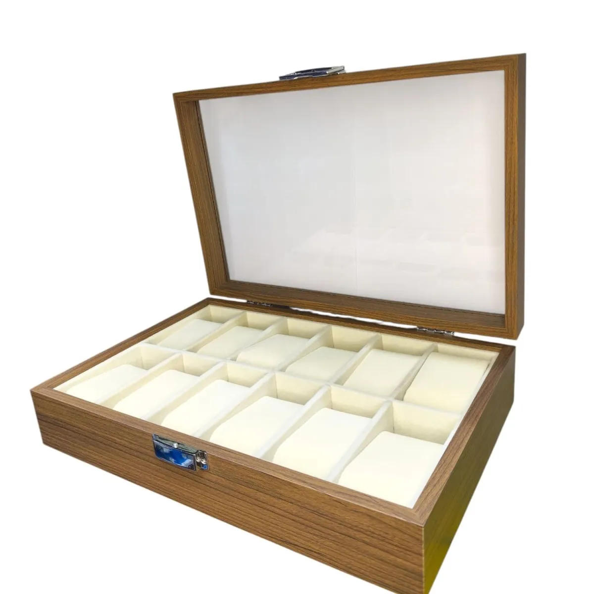 Caja Organizadora de Madera para 12 Relojes con Tapa Transparente de vidrio — Accesorios para relojes