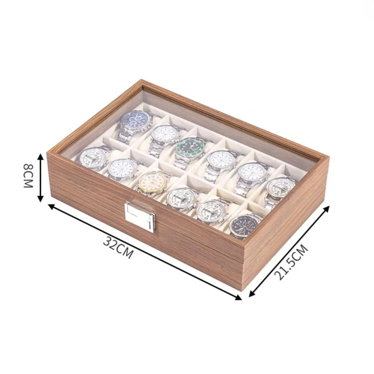 Caja Organizadora de Madera para 12 Relojes con Tapa Transparente de vidrio