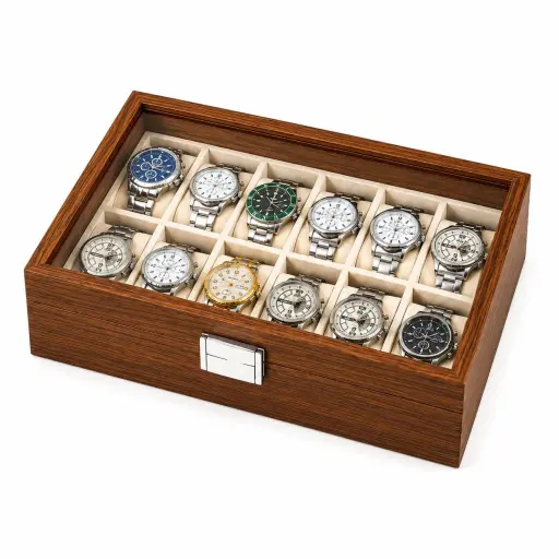 Caja Organizadora de Madera para 12 Relojes con Tapa Transparente de vidrio — Accesorios para relojes