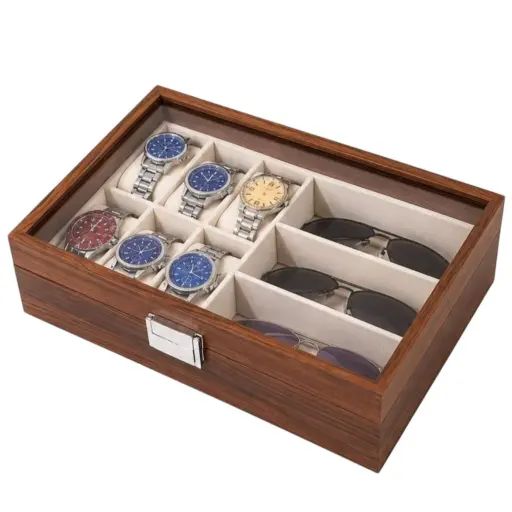 Organizador de Relojes y Lentes de Madera con Tapa Transparente 6 Relojes + 3 Lentes — Accesorios para relojes